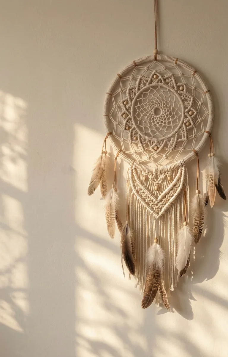 Attrape-rêves en macramé de coton écru, perles de bois et plumes naturelles, suspendu à un mur clair dans la lumière du matin
